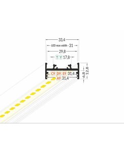 3 Meter LED Alu Profil Aufbau breit 01 schwarz eloxiert 30mm Serie Varia