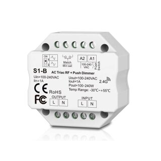 2.4 GHz Universal Unterputz Dimmer 230V Phasen An- oder Abschnitt, Push to Dim Serie Sky